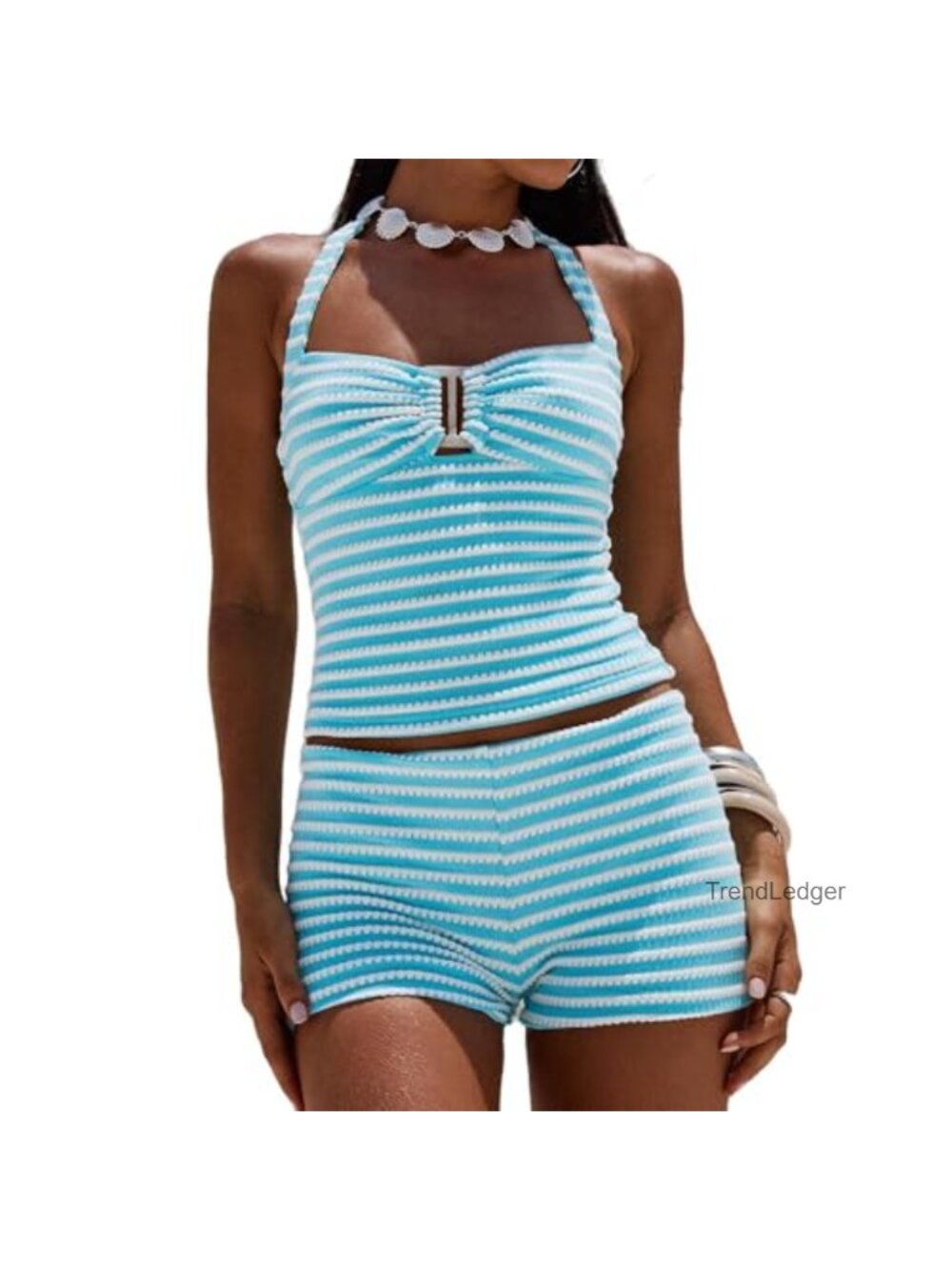 2 Piece Knit Lounge Set Sleeveless See Through Striped Top Shorts